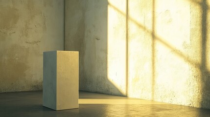 Sunlit Concrete Cube in Rustic Room.