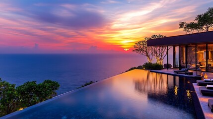 Obraz premium Sunset serenity over infinity pool coastal retreat landscape photography scenic view tranquil vibes