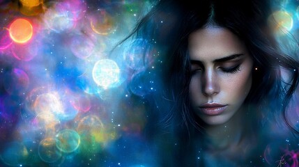 Dreamy woman amidst cosmic glow