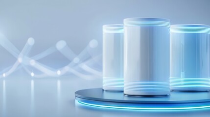Futuristic white containers with blue lighting on a sleek platform.