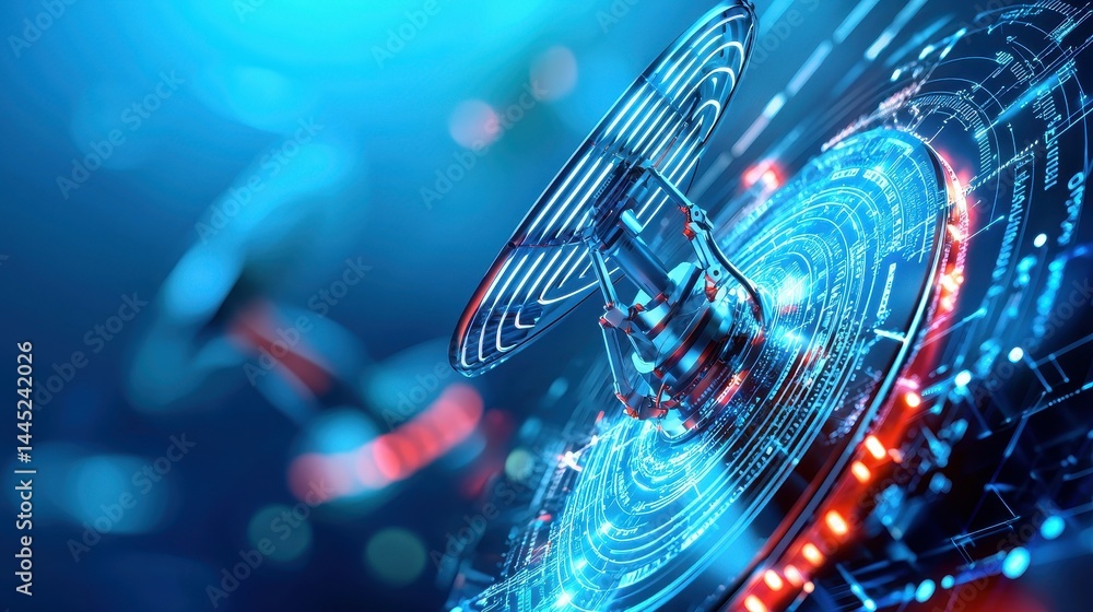 Aufkleber futuristic digital design with glowing blue and red circular patterns.