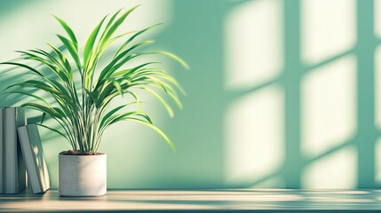 Serene Green Room Sunlight with Plant, and Books.