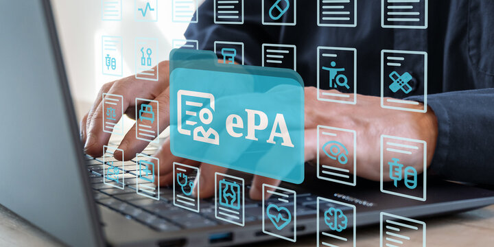 epa laptop foto - elektronische patientenakte als grafik vor notebook mit 3d effekt als header symbolfoto
