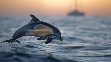 Fototapeta premium twilight A dolphin leaping in silence above a tranquil sea during