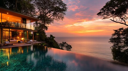 Fototapeta premium Sunset poolside retreat coastal villa scenic nature view relaxing environment tranquil concept for ultimate getaway