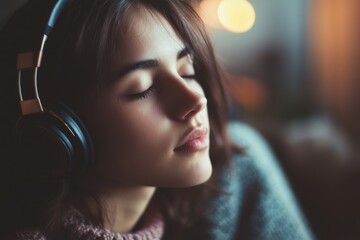 A young woman with eyes closed enjoys music through headphones, surrounded by a cozy, softly lit environment.