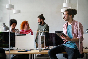 Software engineers working on project and programming in company. Startup business concept