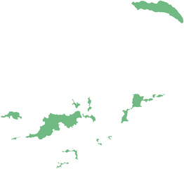 Vector map of the British Virgin Islands with clearly defined island borders and country outline. Green color scheme with white contours. Perfect for educational, infographic, and professional use.