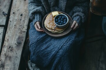 Warm pancakes and blueberries enjoyed during a cozy morning in a rustic setting