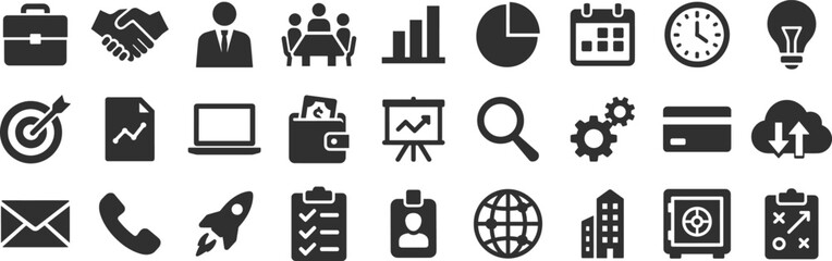 Business general glyph icon set. Vector pictograms of briefcase, handshake, calendar, clock, lightbulb, idea, target, graph, credit, card, wallet, black sign silhouette illustration.