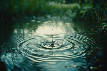 A mesmerizing moment captures a droplet hitting water, creating perfect ripples in a serene, green natural setting.