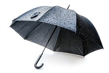 Black umbrella drenched in rain glistening drops simple elegant design studio shot on white
