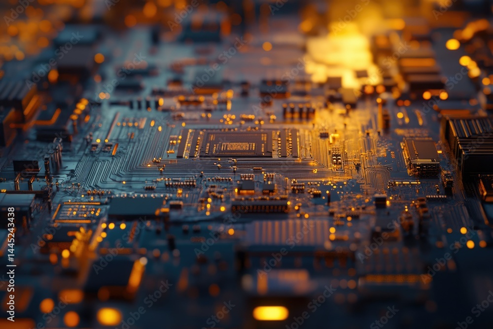 Poster close-up of a complex circuit board with glowing components, showcasing intricate technological desi