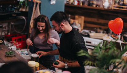 Two people enjoying food preparation in a relaxed, cozy kitchen environment with warm decor.
