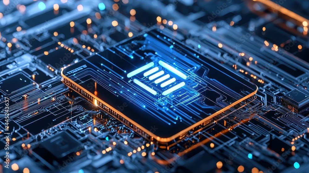 Poster futuristic microchip surrounded by glowing circuits and electrical connections.