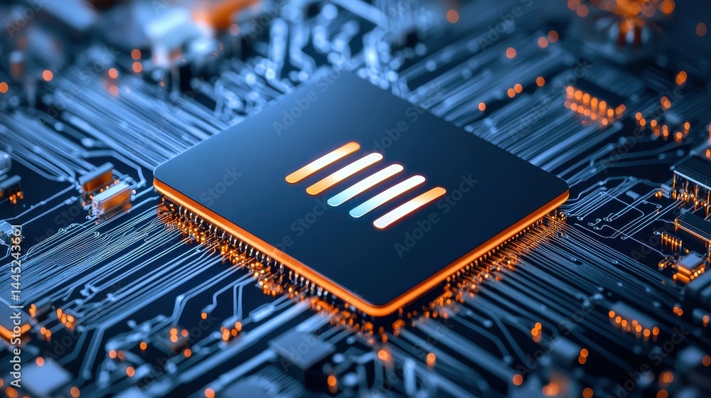 Poster close-up of a modern computer microchip on a circuit board with glowing details.