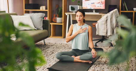 Meditation, breathing and woman in home, calm and self awareness in morning, wellness and living...