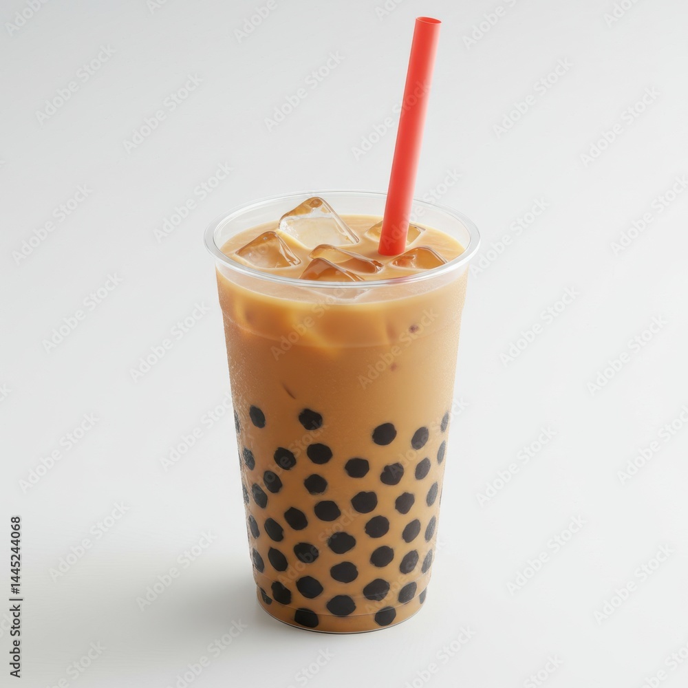 Poster a refreshing boba tea drink with ice cubes and a red straw isolated on a white background view