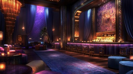 Obraz premium Luxurious interior with plush seating, bar, and rich purple and gold color palette