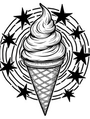 Black White Artistic Illustration of Swirled Ice Cream Cone within a Starry Circle .