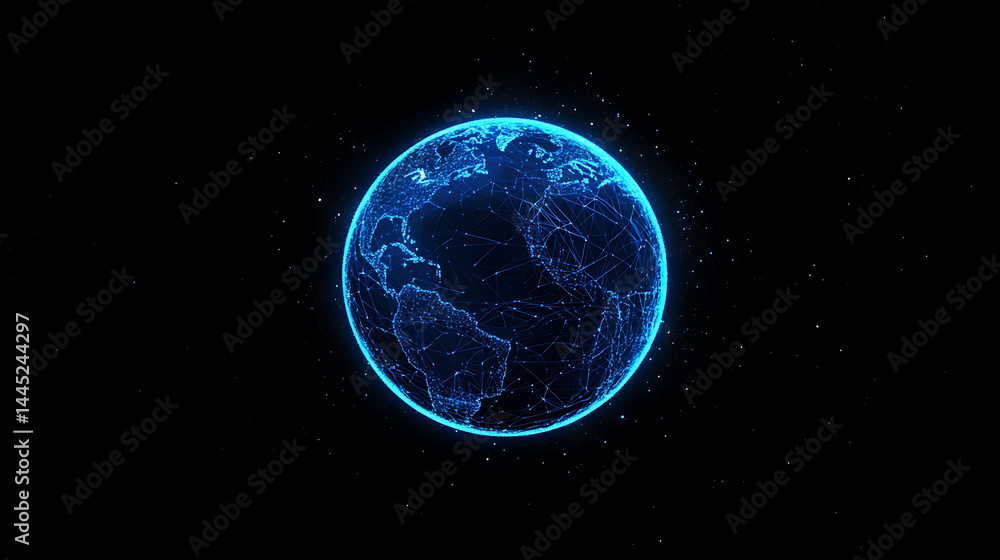 Poster planet earth in space , binary code technology , glowing sphere on black background