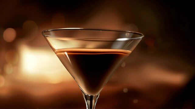 Thick chocolate liqueur is poured into a glass on a brown background.