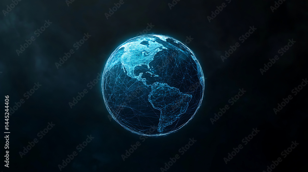 Poster planet earth in space , binary code technology , glowing sphere on black background