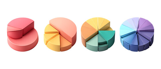 Pack of Pie Charts in Five Different Poses Against Transparent Background for Business Analytics, Infographic Design, or Presentation Projects