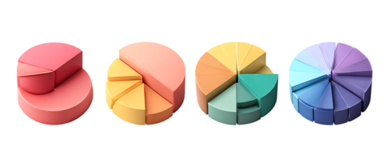 Pack of Pie Charts in Five Different Poses Against Transparent Background for Business Analytics, Infographic Design, or Presentation Projects