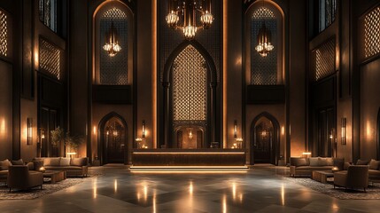 Fototapeta premium Luxurious lobby with ornate arches, warm lighting, and plush seating