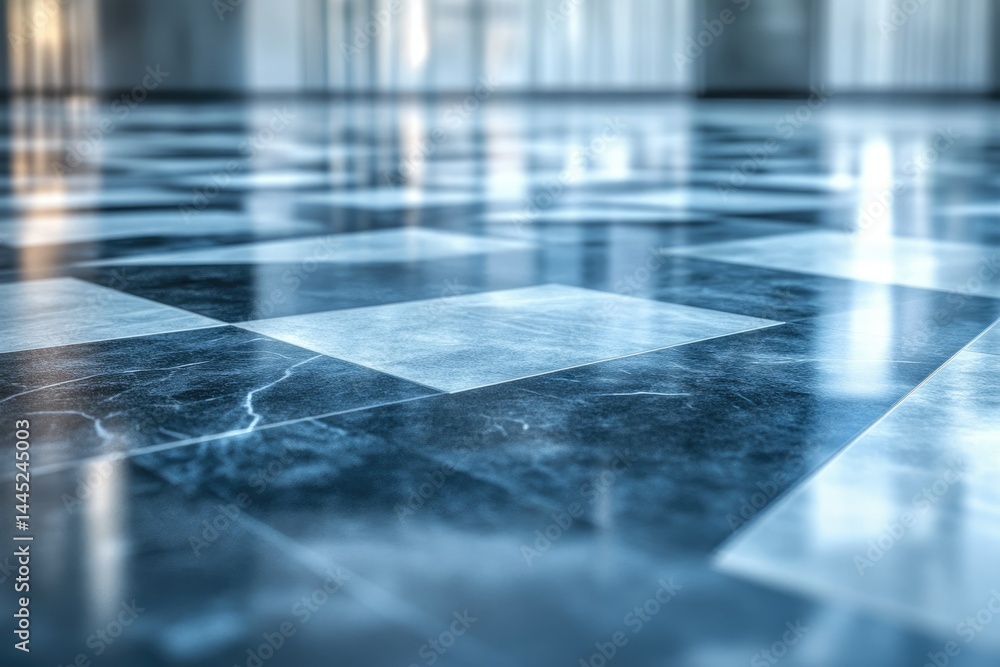 Poster shiny marble floor with a checkered pattern reflects light, creating a modern and elegant atmosphere
