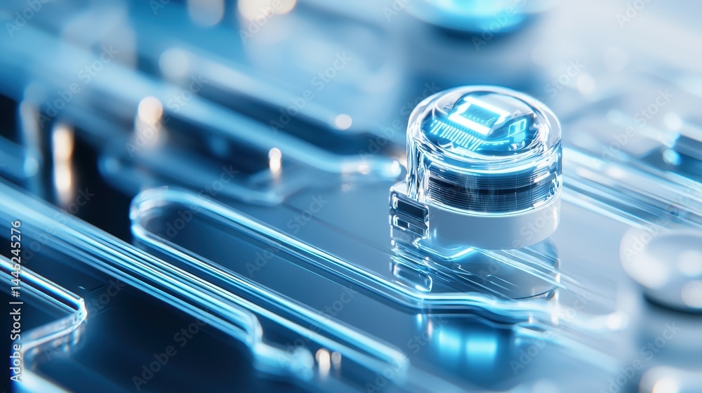 Poster abstract close-up of a transparent technology component with glowing elements.