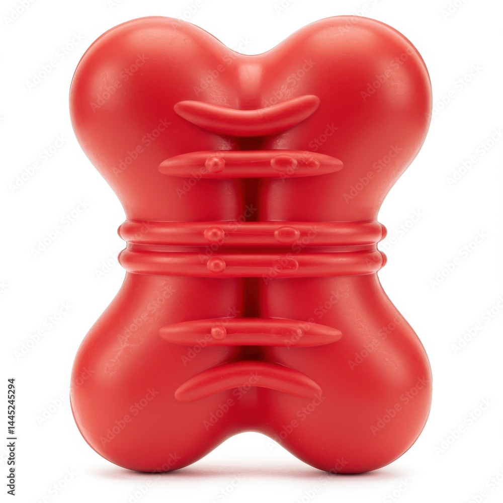 Poster A red rubber dog toy in the shape of a bone with ridges on a white background in a studio shot