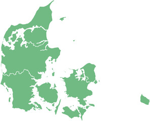 Vector map of Denmark showing all regions with clearly defined borders and country outline. Green color scheme with white contours. Perfect for educational, infographic, and professional use.