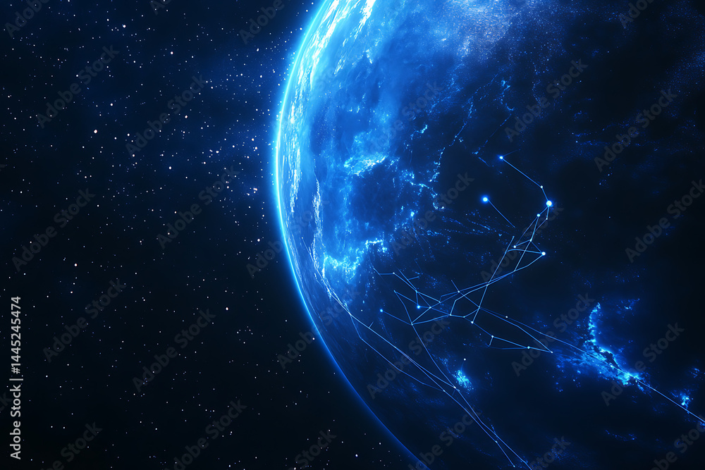 Poster planet earth in space , binary code technology , glowing sphere on black background