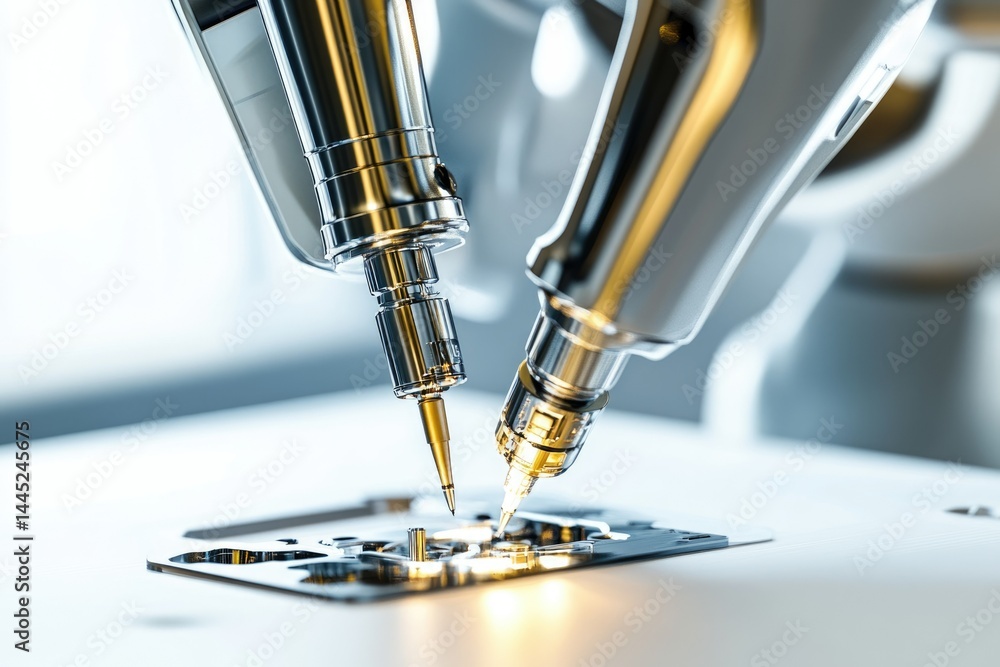 Poster high-precision robotic arms meticulously assemble a microchip circuit board.