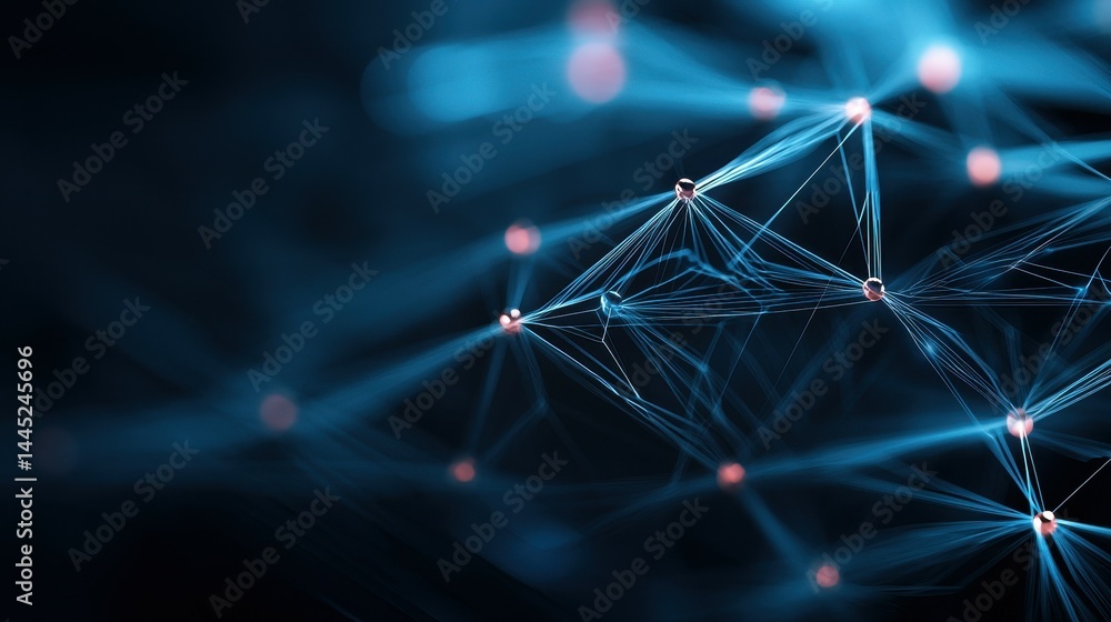 Poster abstract technology background with interconnected lines and nodes in blue tones.