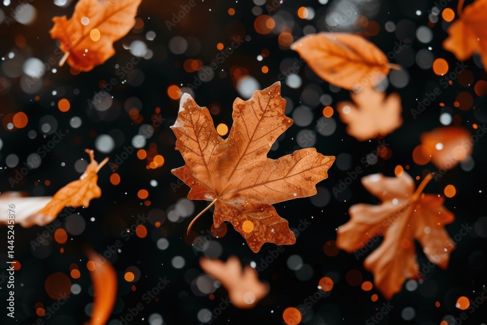 Poster falling autumn leaves with bokeh effect on a dark background.
