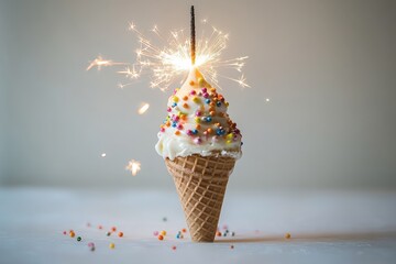 Delightful ice cream cone topped with colorful sprinkles and a sparkler creates a festive atmosphere at a celebration