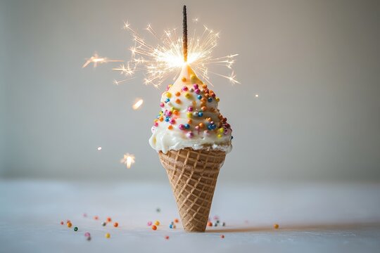 Delightful ice cream cone topped with colorful sprinkles and a sparkler creates a festive atmosphere at a celebration