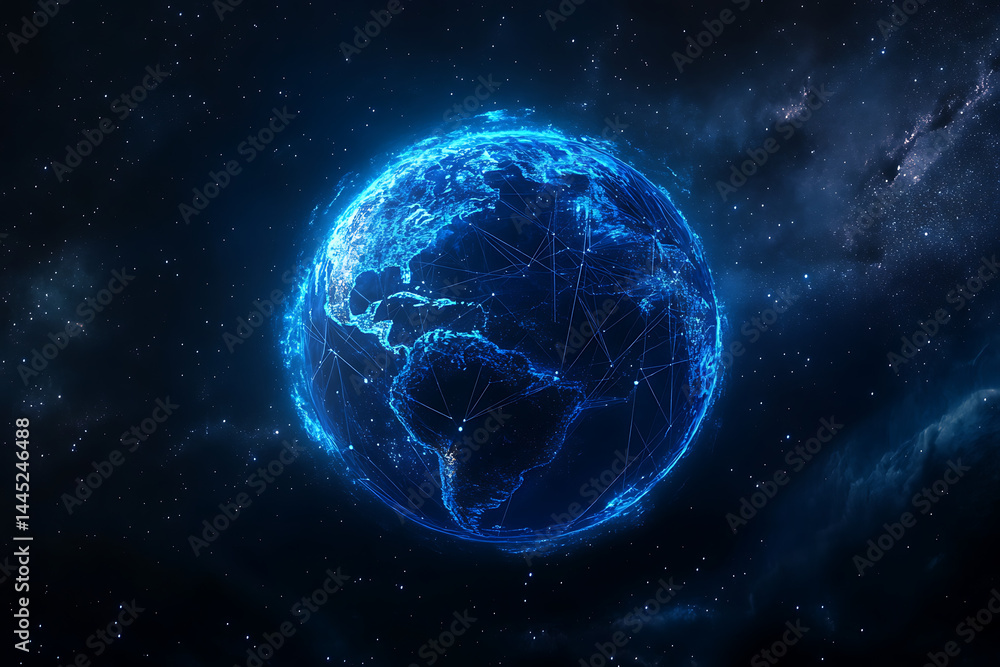 Sticker planet earth in space , binary code technology , glowing sphere on black background