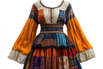 Vibrant patchwork dress autumnal hues flared sleeves tiered skirt intricate details studio shot