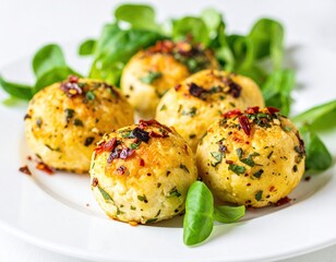 Fototapeta premium Delicious herb-crusted cheese balls with fresh greens on white plate