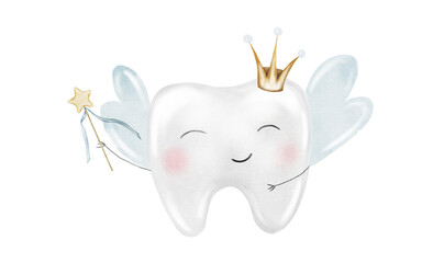 Baby tooth watercolor. Cute cartoon molar with crown and a magic wand on isolated white background. Dental clip art. Ideal for cards and invitations to the party baby's first tooth, posters in the