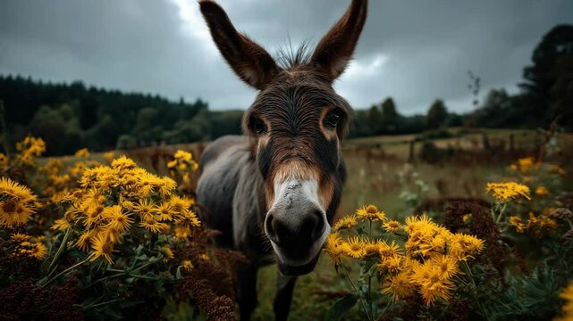 Curious donkey portrait standing in field with yellow flowers on overcast day with moody forest background.
