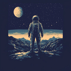 Obraz premium Astronaut looking at the moon from a dark alien mountain ridge