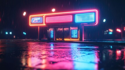 Obraz premium Neon Rain Retro Futuristic Gas Station at Night.