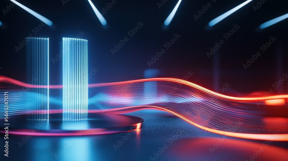Poster futuristic abstract neon lights create dynamic waves and shapes in a digital space.