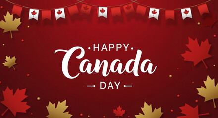 Red maple leaf banner and garland for Canada Day celebration. Concept is national holiday in july for greeting card and party banner art.