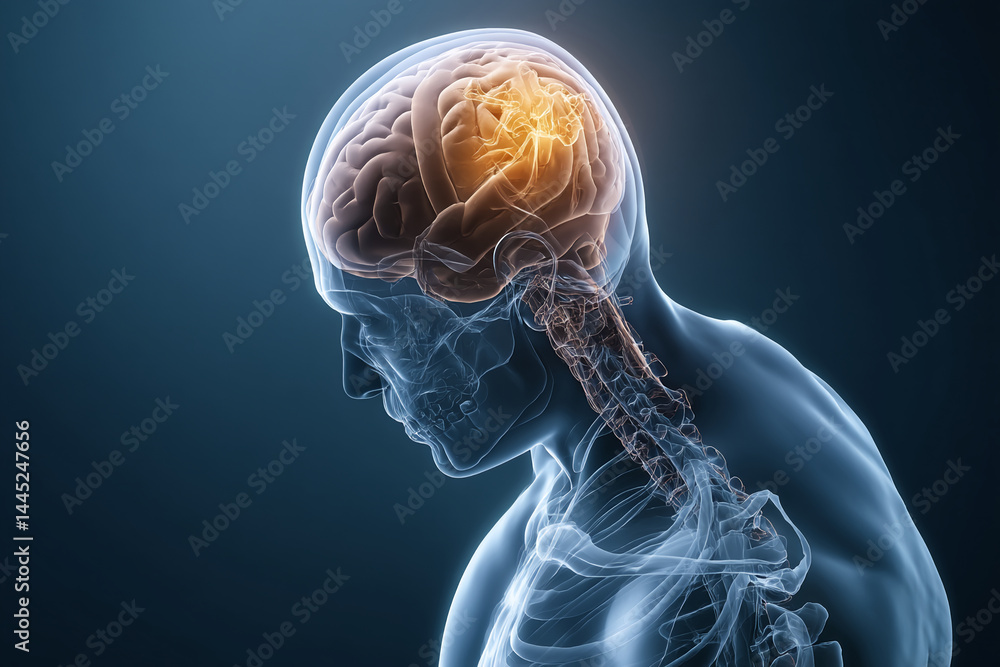 Poster detailed 3d render of human brain anatomy, showcasing intricate structure and highlighting specific 